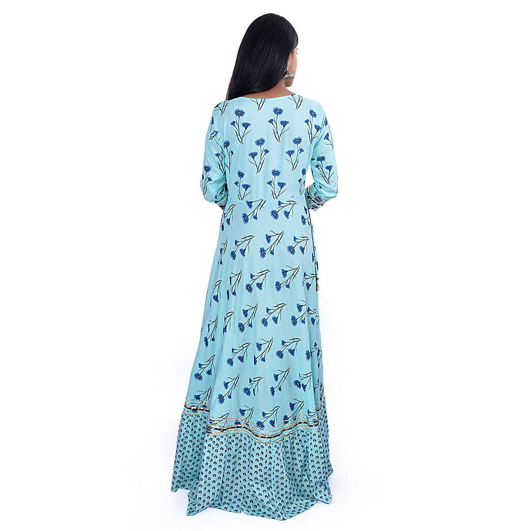 Palpable Blue Floral Print Long Maxi Dress