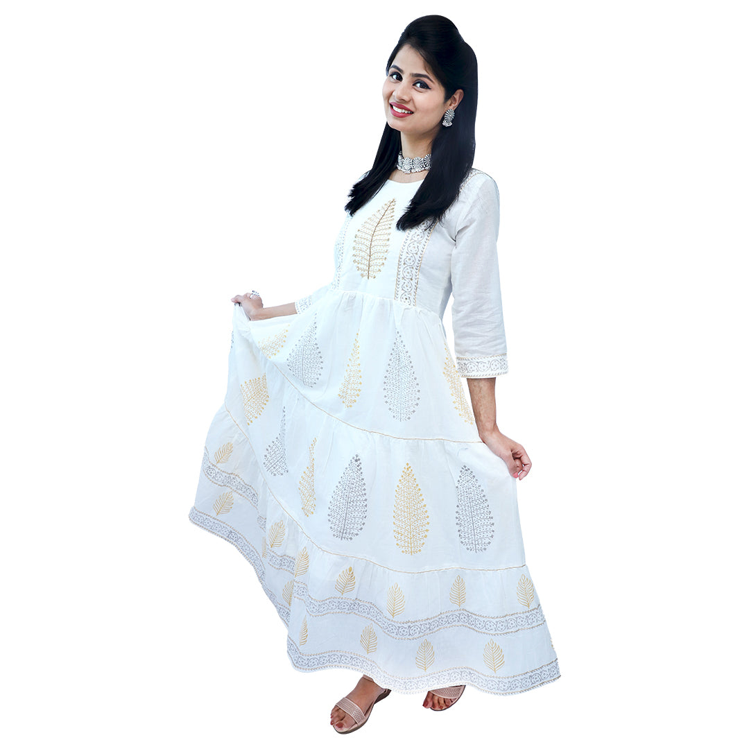 Palpable White & Golden Tiered Long Maxi Dress With Dupatta