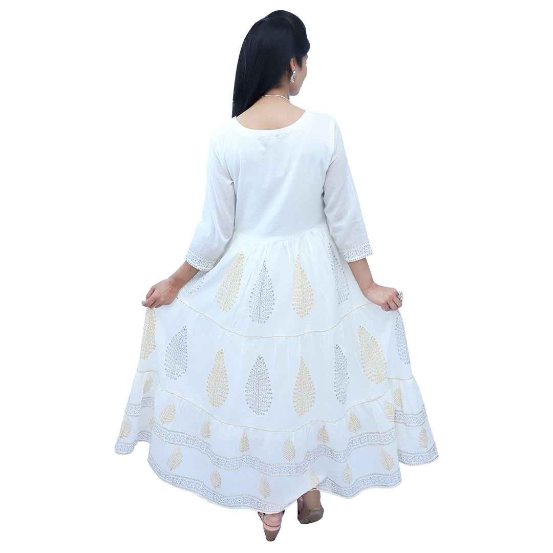Palpable White & Golden Tiered Long Maxi Dress With Dupatta