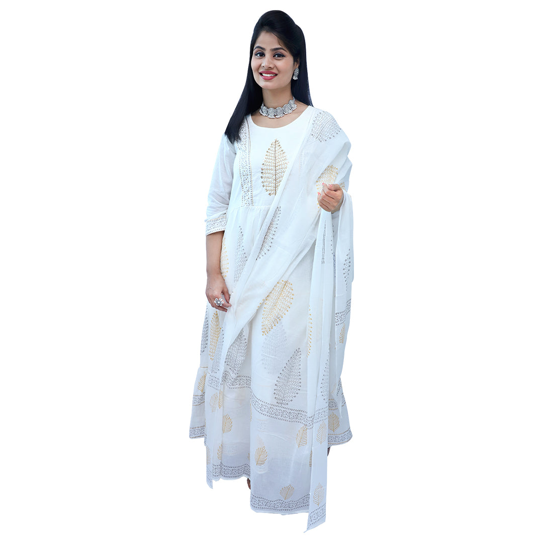 Palpable White & Golden Tiered Long Maxi Dress With Dupatta