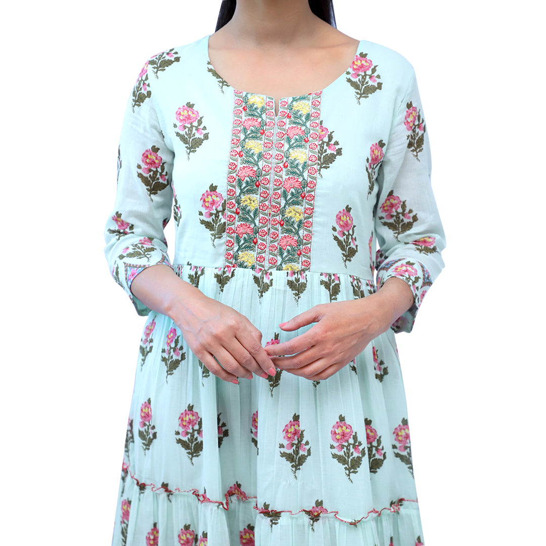 Palpable Mint Green Floral Printed Tiered Maxi Dress