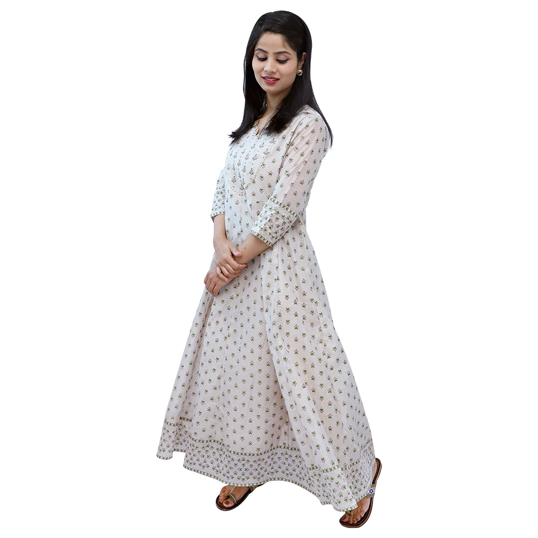Palpable Pearly Color Leaf Printed Chanderi Silk Long Flared Gown