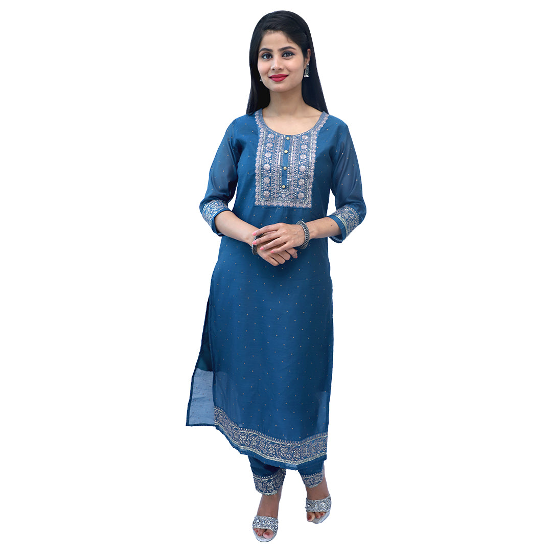 Palpable Blue Embroidered Chanderi Silk Suit