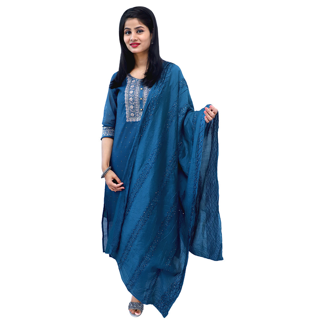 Palpable Blue Embroidered Chanderi Silk Suit