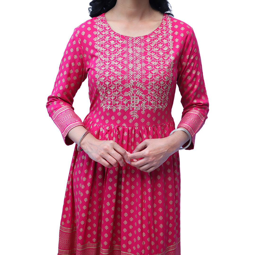 Palpable Hot Pink Motifs Print Maxi Ethnic Dress