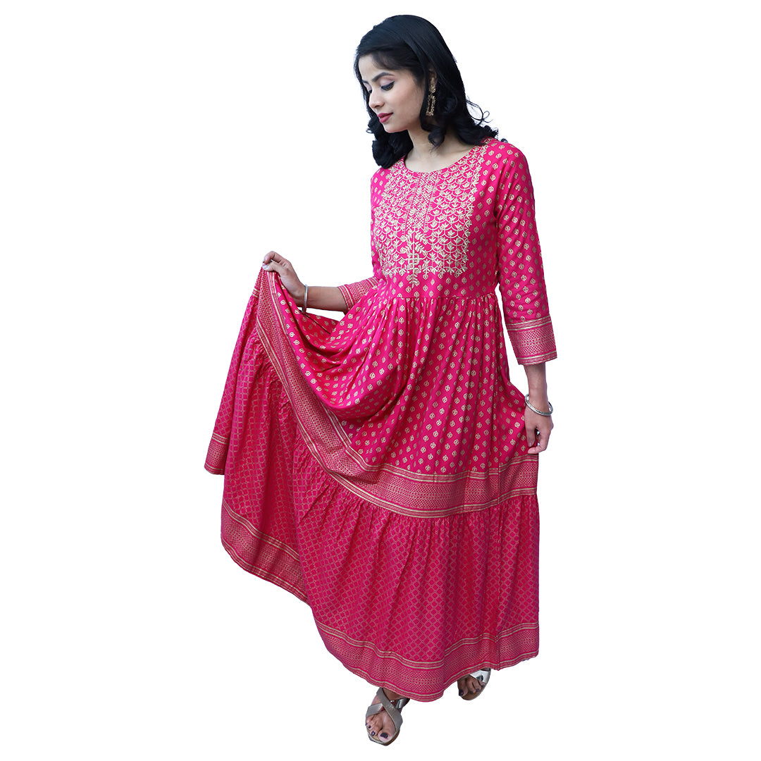 Palpable Hot Pink Motifs Print Maxi Ethnic Dress