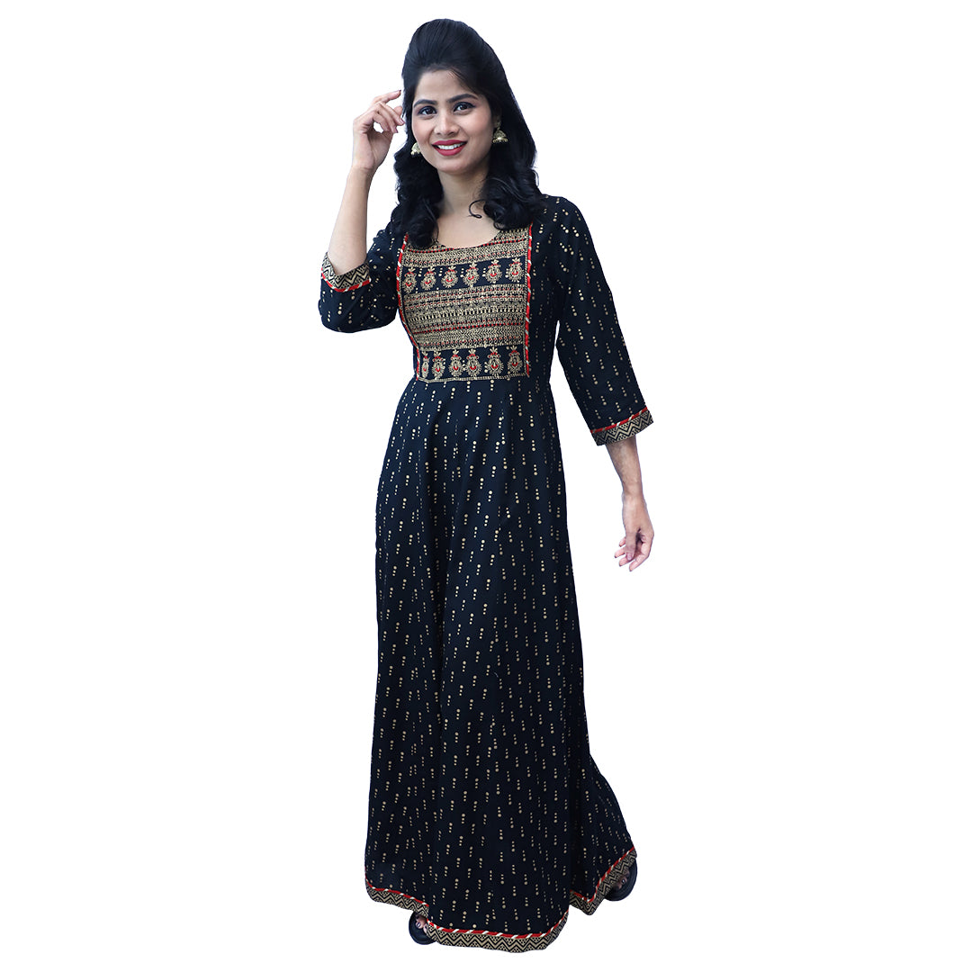 Palpable Black & Golden Embroidered Flare Ethnic Dress