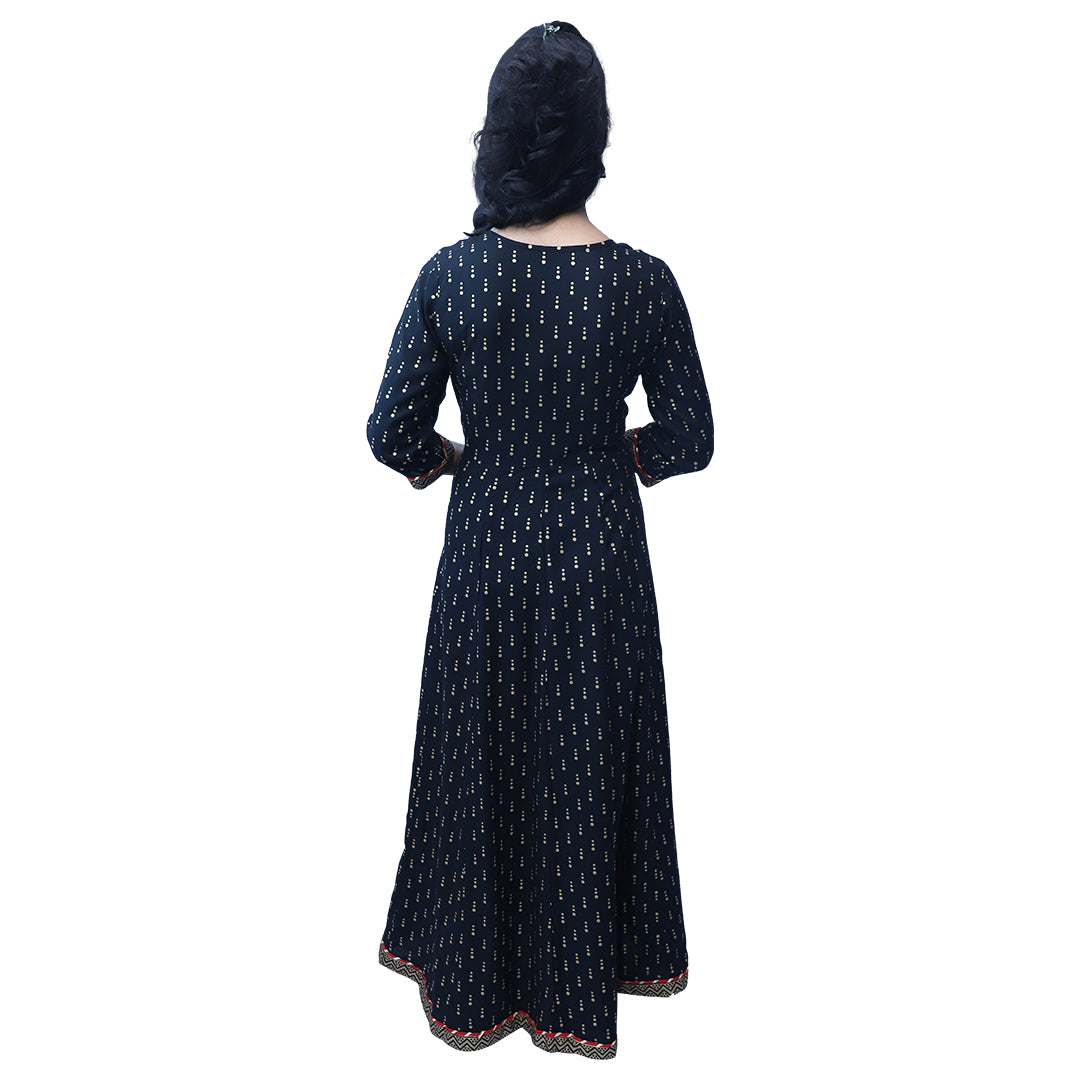 Palpable Black & Golden Embroidered Flare Ethnic Dress