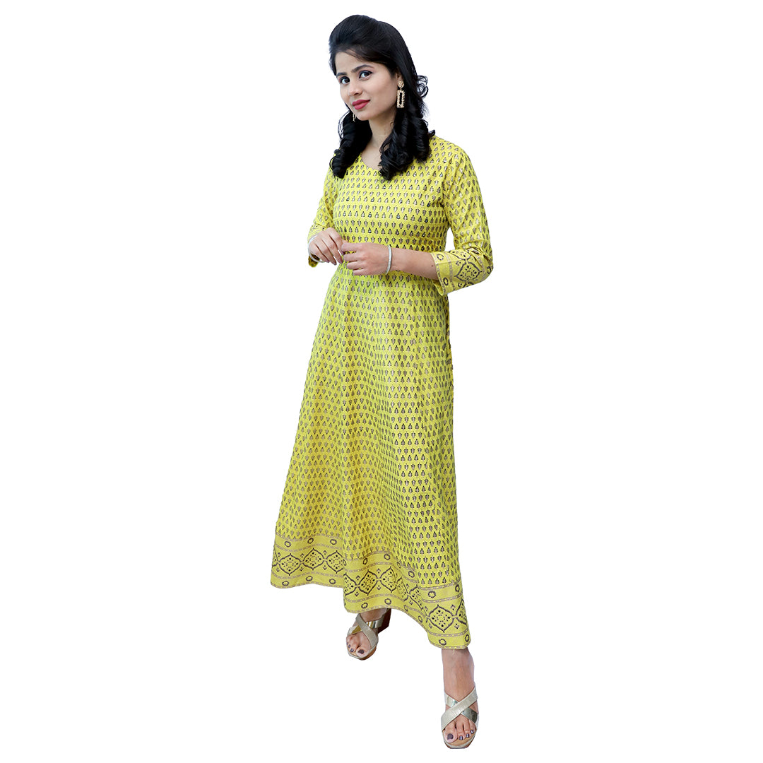 Palpable Yellow & Golden Color Anarkali Ethnic Dress With Dupatta