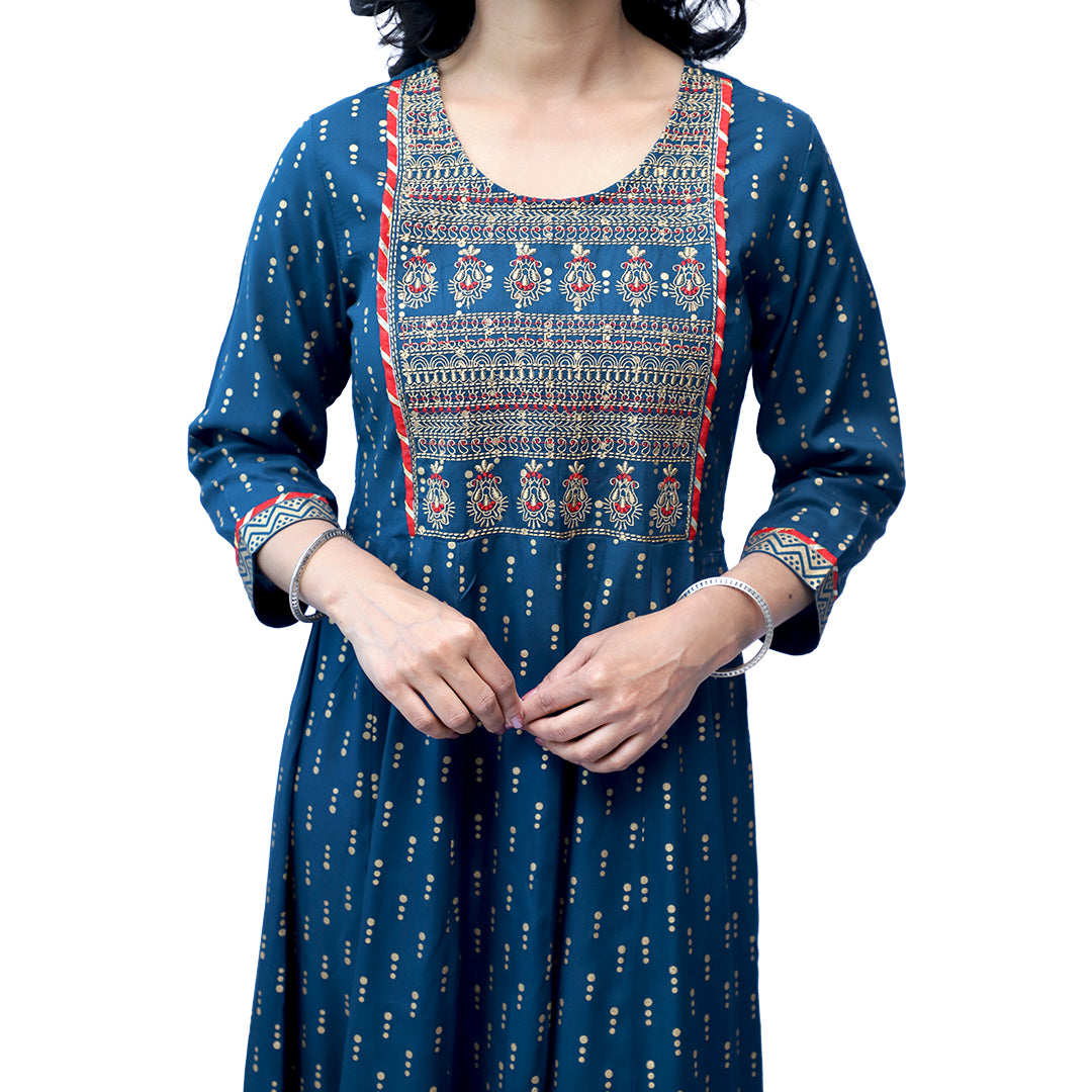Palpable Blue & Golden Embroidered Flare Ethnic Dress