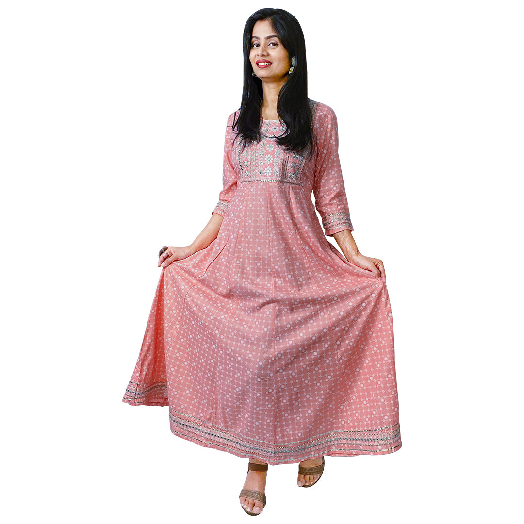Palpable Pink Ethnic Motifs Print Long Flared Gown