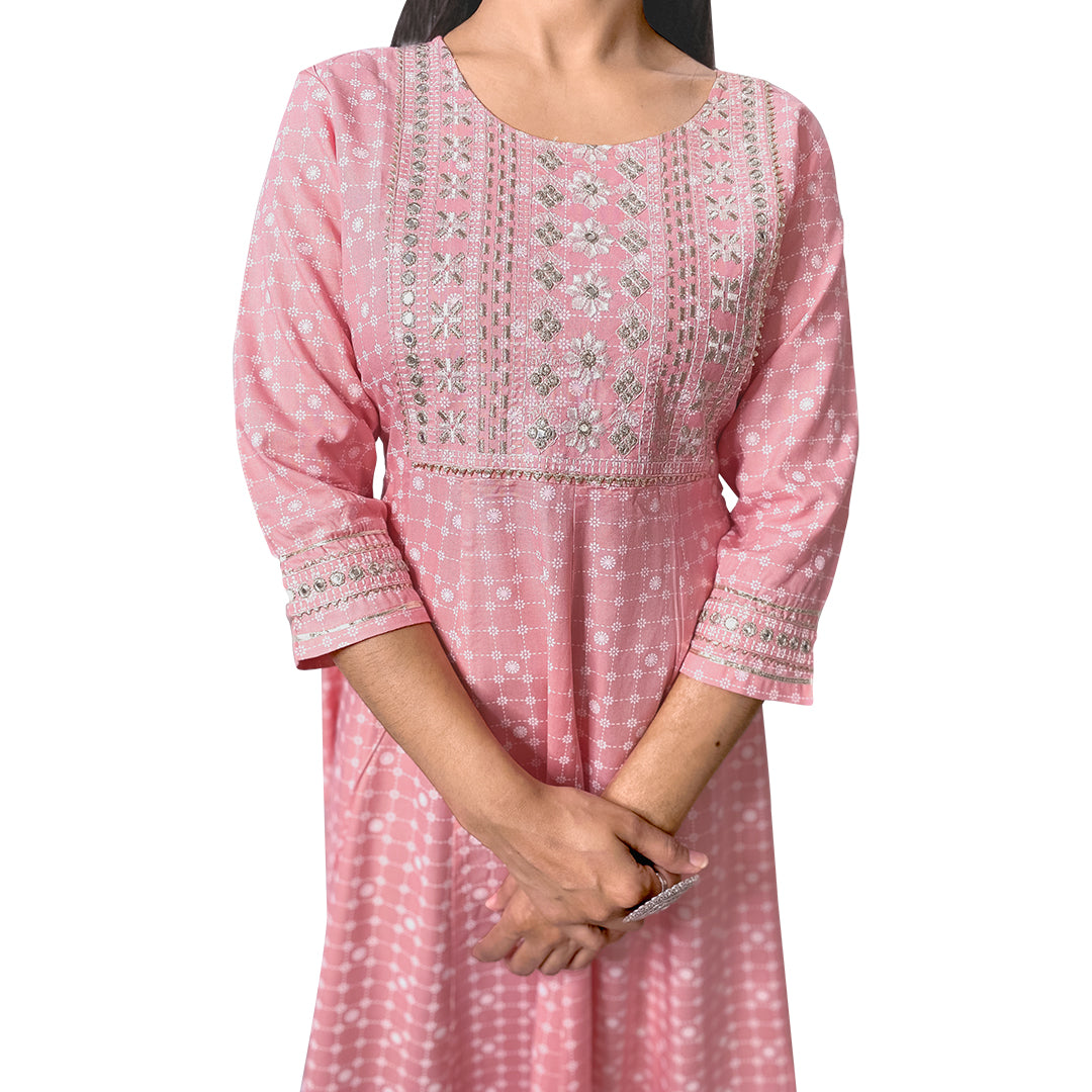 Palpable Pink Ethnic Motifs Print Long Flared Gown