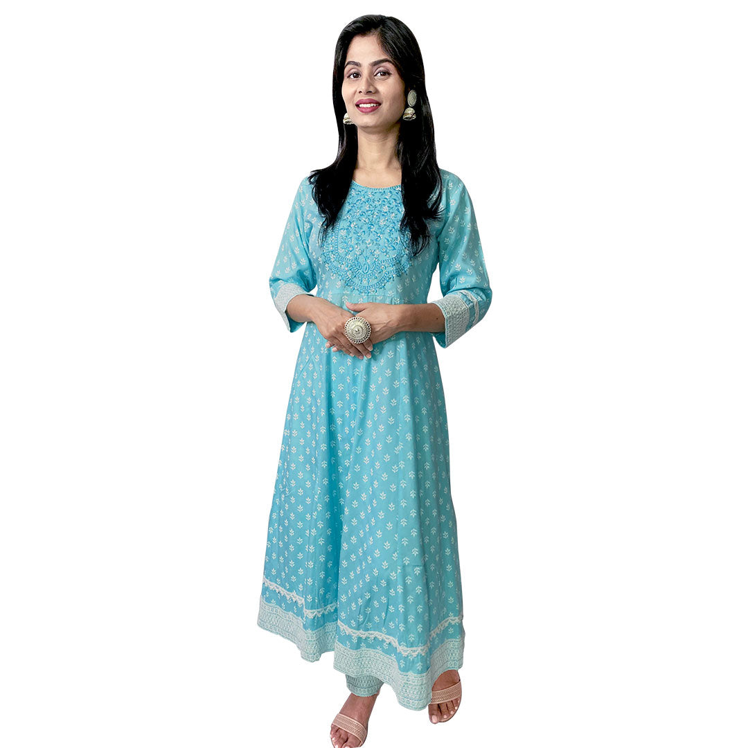 Palpable Sky Blue & White Pure Rayon Embroidered Suit Set