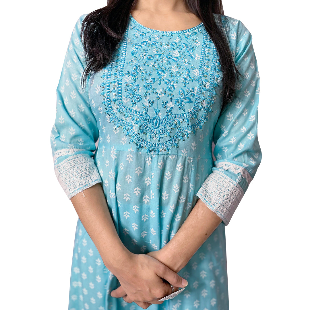 Palpable Sky Blue & White Pure Rayon Embroidered Suit Set